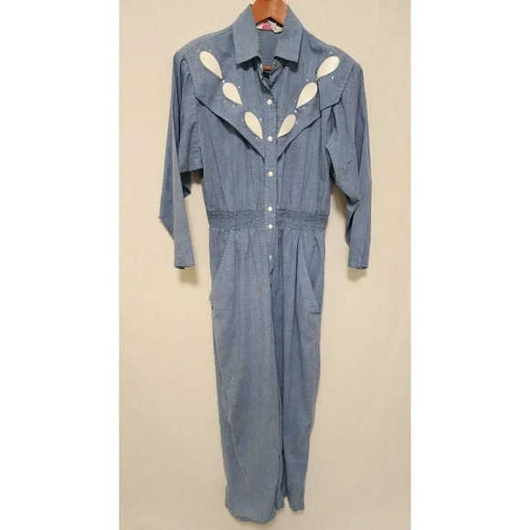 70s 80s Evelyn Pearson Women Vintage Jumpsuit Chambray Denim Style Neiman Marcus - Picture 1 of 9